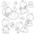 Babies sleeping, playing, walking, drinking milk, and crawling. Vector black and white coloring page