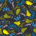 Seamless pattern with moths, plants and ferns at night.