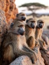 Baboons sitting on rocks with a tree in the background. Royalty Free Stock Photo