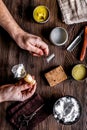 Babrer workplace with tools on wooden background top view