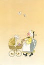 Baby in pram funny watercolor illustration