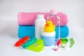 Baby accessories for bath with duck on white background Royalty Free Stock Photo