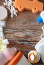 Baby accessories for bathing on wooden table Royalty Free Stock Photo