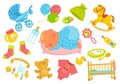 Baby accessories. Sleeping newborn. Different care supplies. Milk bottle. Bed and stroller. Childish feeding. Funny