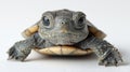 baby African helmeted turtle smiles slightly while resting on white surface. Its delicate shell still soft and tiny Royalty Free Stock Photo
