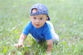 Baby age of 10 months creeps on grass in summer