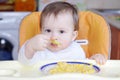 Baby age of 1 year eats rice-milk with pumpkin Royalty Free Stock Photo