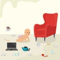 Baby alone among dangerous things next to flammable electrical socket vector illustration.