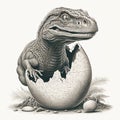 The baby of an ancient prehistoric tyrannosaurus rex lizard hatches from an egg. Black and white drawing,