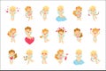 Baby Angels With Bows, Arrows And Hearts Set Royalty Free Stock Photo