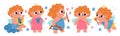 Baby angels. Little cute Amurs hold bow, arrows and harps. Chubby children with wings and halos. Cartoon curly haired