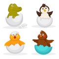 Baby animals hatch eggs or cartoon pets hatching. Vector flat isolated funny toy icons Royalty Free Stock Photo