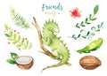 Baby animals nursery isolated illustration for children. Watercolor boho tropical drawing, child cute tropic iguana