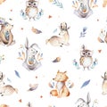 Baby animals nursery isolated seamless pattern with bannies. Watercolor boho cute baby fox, deer animal woodland rabbit