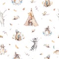 Baby animals nursery isolated seamless pattern with bannies. Watercolor boho cute baby fox, deer animal woodland rabbit