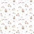 Baby animals nursery isolated seamless pattern with bannies. Watercolor boho cute baby fox, deer animal woodland rabbit