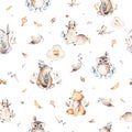 Baby animals nursery isolated seamless pattern with bannies. Watercolor boho cute baby fox, deer animal woodland rabbit