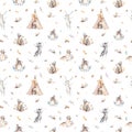 Baby animals nursery isolated seamless pattern with bannies. Watercolor boho cute baby fox, deer animal woodland rabbit