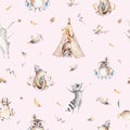 Baby animals nursery isolated seamless pattern with bannies. Watercolor boho cute baby fox, deer animal woodland rabbit