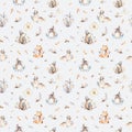 Baby animals nursery isolated seamless pattern with bannies. Watercolor boho cute baby fox, deer animal woodland rabbit