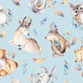 Baby animals nursery isolated seamless pattern with bannies. Watercolor boho cute baby fox, deer animal woodland rabbit