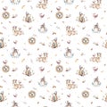 Baby animals nursery isolated seamless pattern with bannies. Watercolor boho cute baby fox, deer animal woodland rabbit