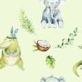 Baby animals nursery isolated seamless pattern. Watercolor boho tropical drawing, child tropical drawing cute crocodile