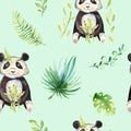 Baby animals nursery isolated seamless pattern. Watercolor boho tropical drawing, child tropical drawing cute panda and Royalty Free Stock Photo