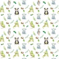 Baby animals nursery isolated seamless pattern. Watercolor boho tropical drawing, child tropical drawing, panda, cute Royalty Free Stock Photo