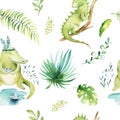 Baby animals nursery isolated seamless pattern. Watercolor boho tropical fabric drawing, child tropical drawing cute Royalty Free Stock Photo