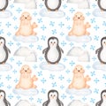 Baby animals seamless pattern, Watercolor hand drawn kids paper, pinguin repeat paper, cute seal and snow print, children pattern Royalty Free Stock Photo