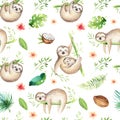 Baby animals sloth nursery seamless pattern painting. Watercolor boho tropical drawing, child tropical drawing