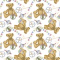 Baby antique toy seamless pattern, teddy bear, ball, spinning top, flags doll, horse, boat, game little boy girl. Hand Royalty Free Stock Photo