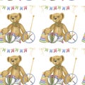 Baby antique toy seamless pattern, teddy bear, ball, spinning top, flags doll, horse, boat, game little boy girl. Hand Royalty Free Stock Photo