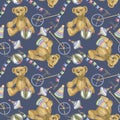 Baby antique toy seamless pattern, teddy bear, ball, spinning top, flags doll, horse, boat, game little boy girl. Hand Royalty Free Stock Photo