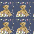 Baby antique toy seamless pattern, teddy bear, ball, spinning top, flags doll, horse, boat, game little boy girl. Hand Royalty Free Stock Photo