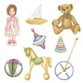 Baby antique toy set, teddy bear, ball, spinning top, flags doll, horse, boat, game little boy girl. Hand drawn Royalty Free Stock Photo