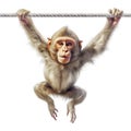 Baby ape swinging on a rope with funny face. Generative AI realistic illustration isolated on white