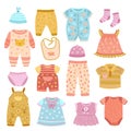 Baby apparel. Flat girl shirt, socks and clothes set for children. Boys cloth, fashion fabric dress, jumpsuit and pants Royalty Free Stock Photo