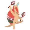 Baby armadillo character design. Cute and funny. Beige and red. Ornament on shell. Dancing with green, white and red maracas.