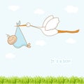 Baby arrival card with stork that brings a cute