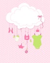 Baby arrival greeting card. Baby shower invitation newborn baby girl illustration