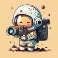 Baby astronaut recording something in the space on a yellow background