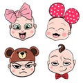 Baby avatars. Child emotions. Set of toddler facial expressions. Cartoon style characters with big bow and hat