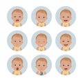 Baby avatars. Child emotions. Set of toddler facial expressions. Cartoon style characters.