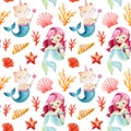 Baby background with mermaids and cat-unicorn. Seamless pattern, watercolor drawing