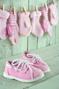 Baby background toddler shoes on vintage background