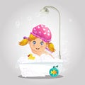 Baby in bath. Cute girl character washing hat taking bubble bath Royalty Free Stock Photo