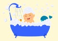 baby in bath foam. Vintage bath and soap foam bubbles on beige background, illustration