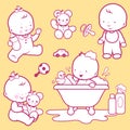 Babies taking a bath, playing, walking and drinking milk. Vector illustration